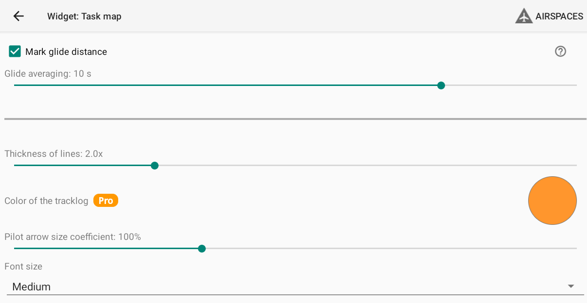 task map – map configuration -mark glide distance
